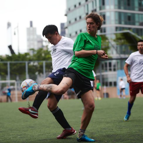 Soccer players in action.